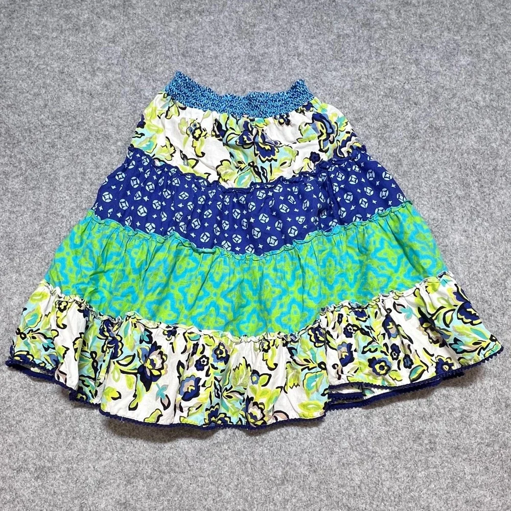 The Childrens Place Girls Tiered Floral Skirt Blue Green Size‎ 10 Smocked Waist